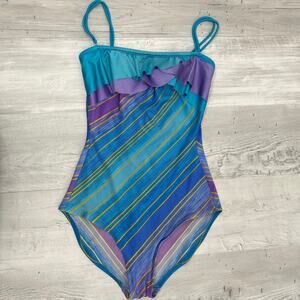 Vintage Sirena 1 Piece Striped Ruffle Removable Straps Retro Bathing Swim Suit
